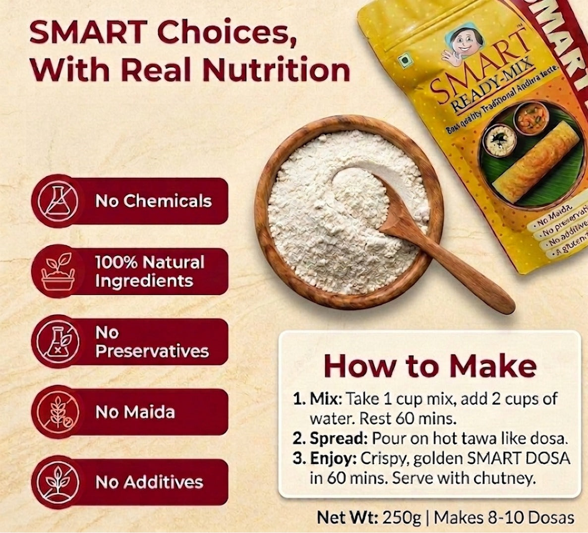 Smart Dosa – Authentic Andhra Breakfast Mix | High Protein & Very Low Sodium | 250g